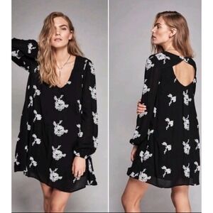 Free People Black Floral Embroidered V-Neck Mini Dress Cutout Back Large